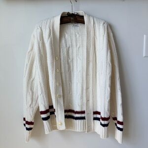 Vintage 90s Ken Rosewall by Revere Cream Cable Knit Tennis Cardigan with Stripes